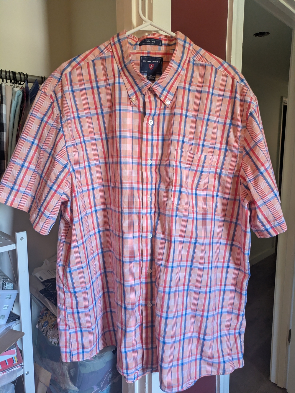 Saddlebred Easy-Care, Men's XXL, Blue, Salmon, Peach Plaid Shirt
